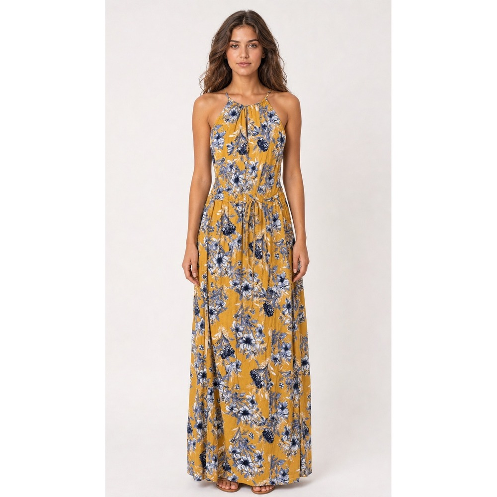 Rip Curl Lovely Day Maxi Dress Mustard Yellow Floral Halter Neck Size Medium New
